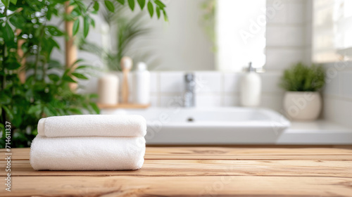 White bathroom interior. Empty wooden table with white towels on with copy space on blurred bathroom background