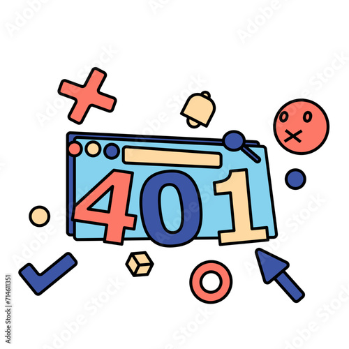 Http Status Code 401 Unauthorized Error in Vector Illustration. Isolated on transparent background