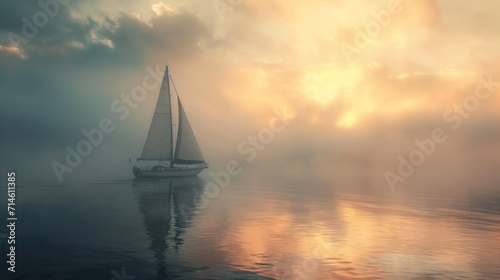 Sailboat sailing on beautiful misty day 