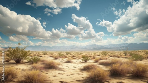  a view of a desert with mountains in the distance and a blue sky with clouds in the foreground and a few bushes in the foreground and a few bushes in the foreground.