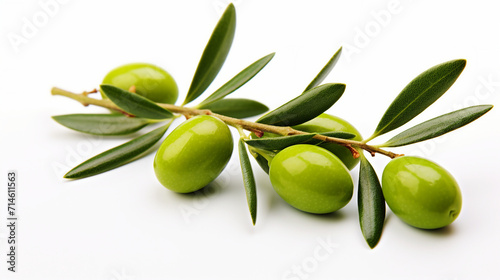Fresh Green Olives on Olive Branch - Organic Culinary Concept with Copy Space for Text on White Background
