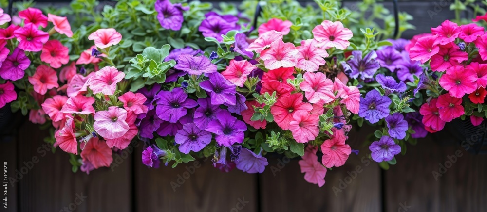 Pot of hanging petunias and surfinias flowers, summer garden inspiration for container plants.