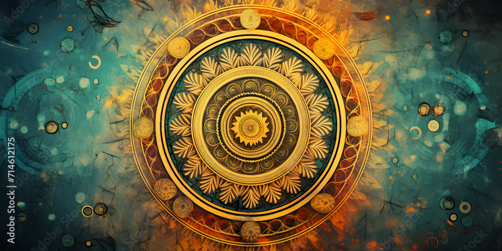 Mayan pattern as background decoration, A colorful mandala with a circle in the middle , - obrazy, fototapety, plakaty 