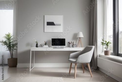Scandinavian interior home design of modern workplace with table  chairs and white wooden decoration with a laptop on the desk