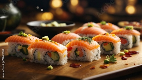 Delicious sushi roll with salmon on table, closeup. Japanese food