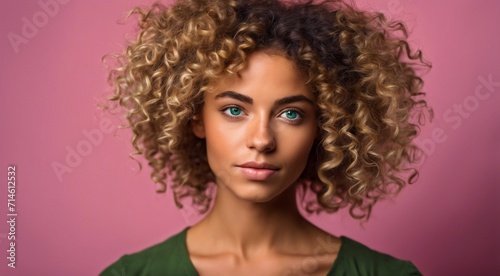 portrait of a fashion woman, curly hairs of a woman, portrait of a pretty young fashion model, pretty fashion girl in studio, curly haired woman