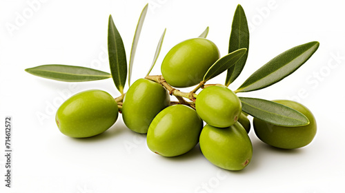 Fresh Green Olives on Olive Branch - Organic Culinary Concept with Copy Space for Text on White Background