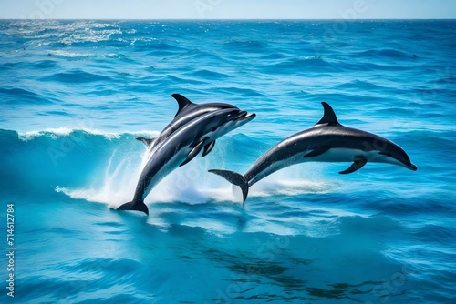 A pair of playful dolphins leaping joyfully in the ocean  with splashes of water and a backdrop of clear blue skies  capturing the free-spirited nature.