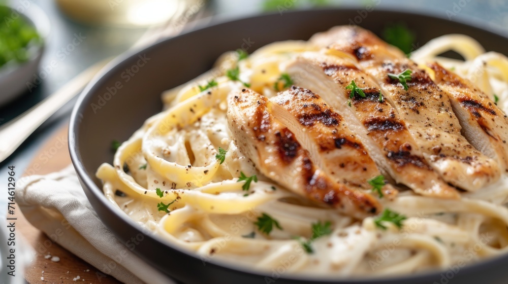 a close up of a plate of food with chicken and noodles on a table with other plates of food and utensils on a wooden table with utensils. a close up of a plate of food with chicken and noodles on a table with other plates of food and utensils on a wooden table with utensils.
