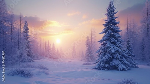 Snowy winter covered pine trees at sunrise