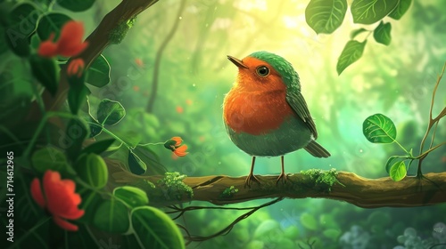  a bird sitting on a tree branch in the middle of a forest with lots of green leaves and a red and orange bird sitting on it's branch in the foreground. © Olga