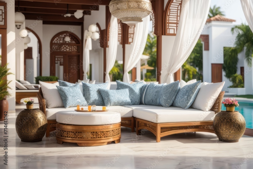 Obraz premium sofas and pillows with Arabic or Turkish ornament motifs at the hotel poolside, in a beautiful holiday area