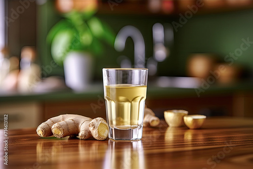 glass of ginger tea , a cup of ginger tea on kitchen photo