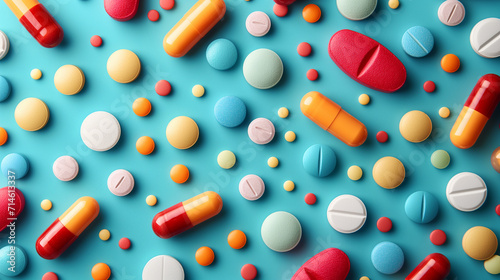Assorted colorful pills and capsules scattered on a teal background, representing healthcare and medicine concepts