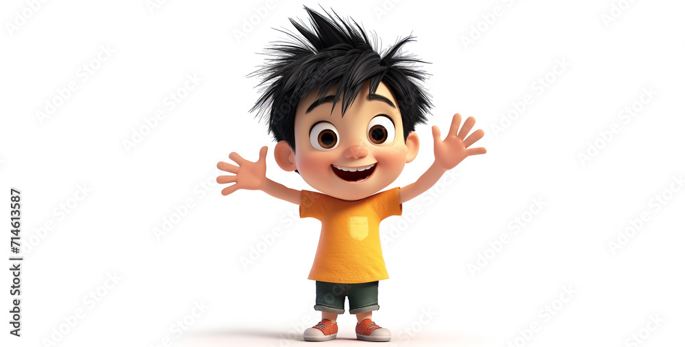 cartoon boy with orange t-shirt and black hair on white background, 3D Render of a Little Boy with black hair isolated on white background cartoon boy with orange t-shirt and black hair on white background, 3D Render of a Little Boy with black hair isolated on white background
