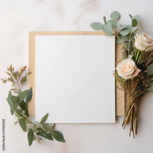 Flowers and eucalyptus branchesle background. Flat lay, top view