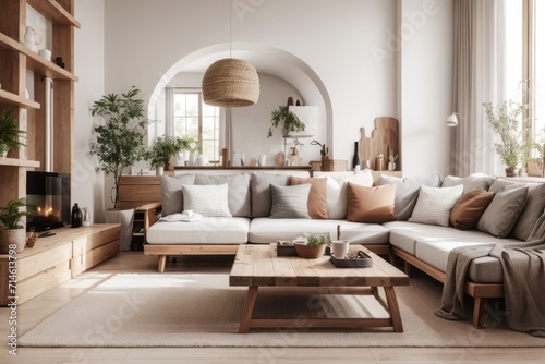 Interior home design of modern living room with beige sofa and rustic wooden furniture © Basileus