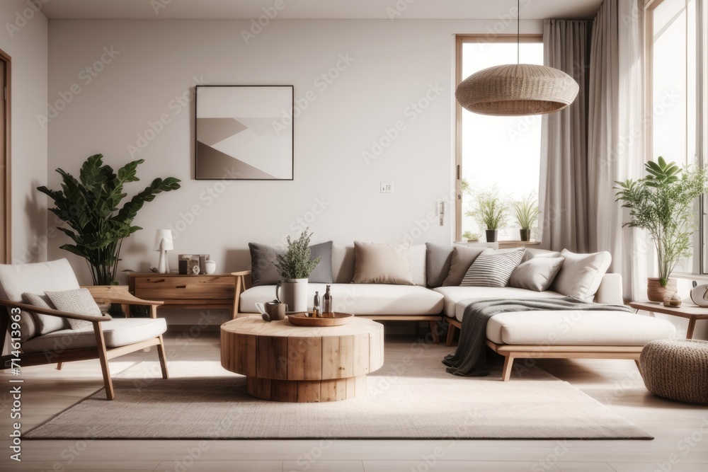Interior home design of modern living room with beige sofa and rustic wooden furniture Interior home design of modern living room with beige sofa and rustic wooden furniture