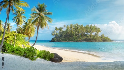 beautiful tropical island with palm trees and beach panorama as background image