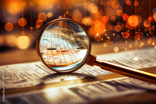 Magnifying Glass on Paper, A Visual Representation of Business Control, Market Research, and Trading. Business Control over quotes and shares. Market research. Trader.