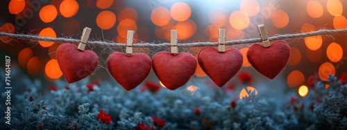 five red hearts hanging on wooden clothes pegs photo