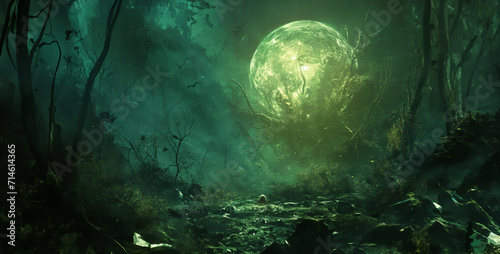 Fantasy landscape with a full moon in a dark forest. 3d render