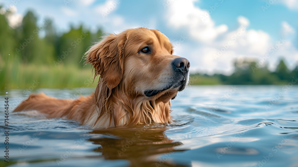 golden retriever in water,  beautiful Golden Retriever enjoying a swim in a calm lake, exemplifying its love for water and swimming abilities