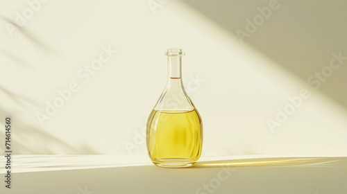  a bottle of oil sitting on top of a table next to a shadow of a person s shadow on the wall and a shadow of a wall behind it.