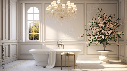 Luxurious modern home bathroom interior with rich interiors, white marble, flowers, freestanding bathtub, mirrors and accessories.