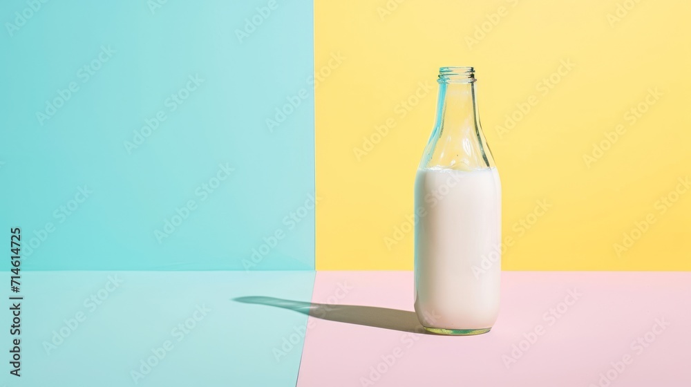 a glass bottle filled with milk sitting on top of a pink and blue table next to a yellow and green wall and a blue and pink and yellow wall behind it. a glass bottle filled with milk sitting on top of a pink and blue table next to a yellow and green wall and a blue and pink and yellow wall behind it.