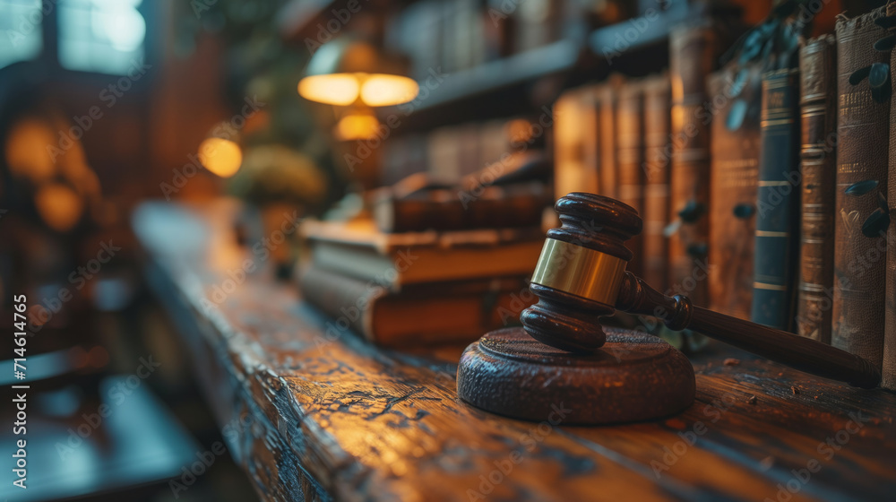 law books and judge's gavel on a wooden table - obrazy, fototapety, plakaty 