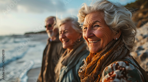 happy group of elderly people at the beach photo
