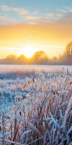 Norddeutschland Landschaft bei Frost im Winter, Panorama Sonnenaufgang, Morgendämmerung bei klirrend kaltem und klaren Wetter