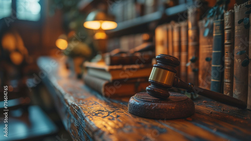 law books and judge's gavel on a wooden table photo