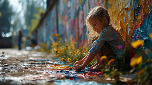 adorable blonde girl playing with paint with her hands photo