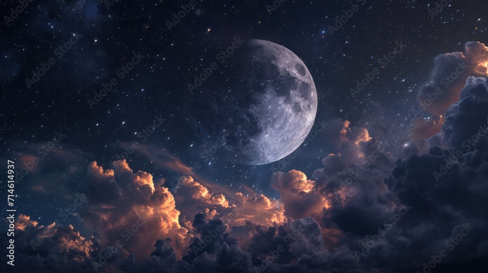  a full moon in the night sky with clouds and stars in the foreground and a full moon in the sky with clouds and stars in the middle of the background.