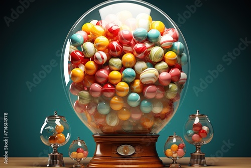 A regular red vintage gumball dispenser machine made of glass and reflective plastic with chrome trim filled with multicolored gumballs. photo