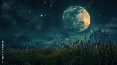  a night scene with a full moon in the sky and grass in the foreground, and a field of tall grass in the foreground with tall grass in the foreground.