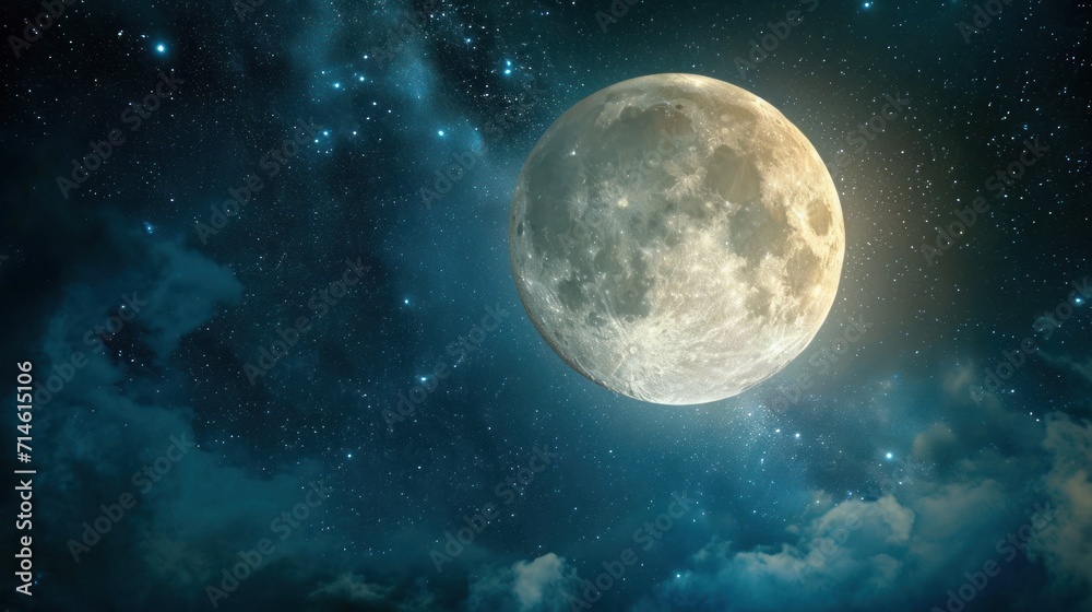  a full moon in the middle of the night sky with clouds and stars in the foreground and a dark blue sky with white clouds and stars in the background.