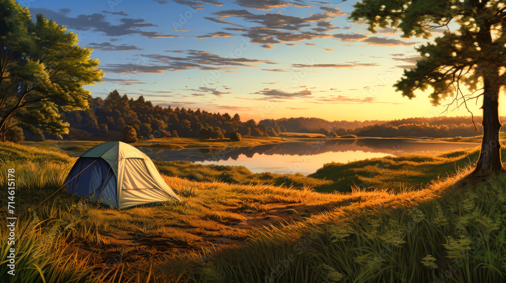Tent Set Up on Lake Bank, A Serene Camping Spot for Nature Lovers. Hiking and outdoor recreation.