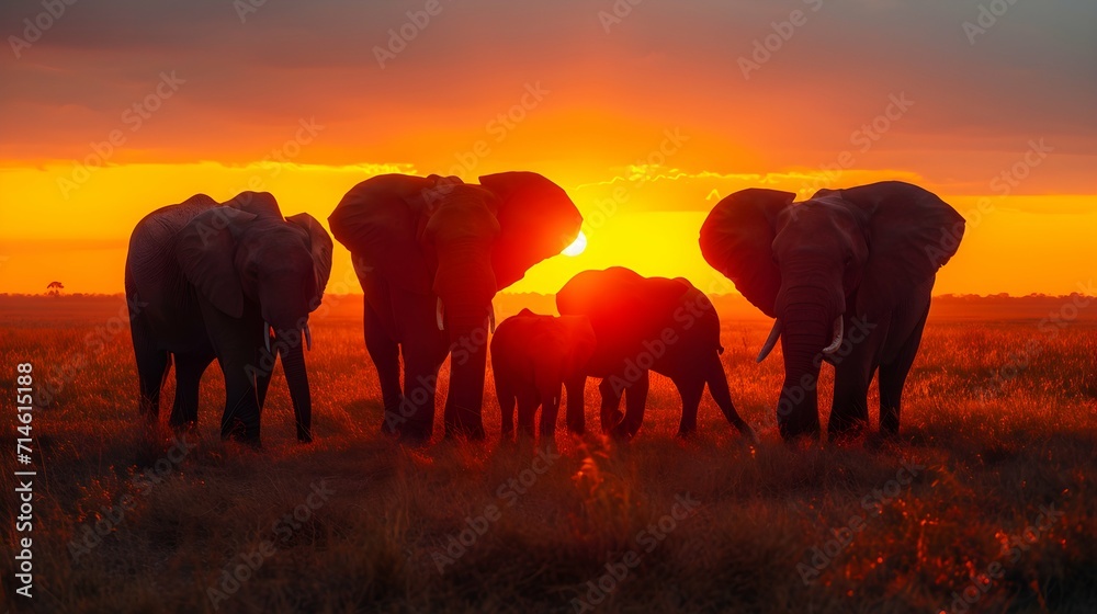 A family of elephants, seen from a low angle, their majestic silhouettes against the vibrant hues of a setting sun, symbolizing strength and familial bonds in the wild.
