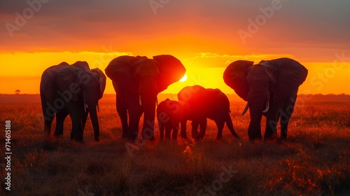 A family of elephants, seen from a low angle, their majestic silhouettes against the vibrant hues of a setting sun, symbolizing strength and familial bonds in the wild.