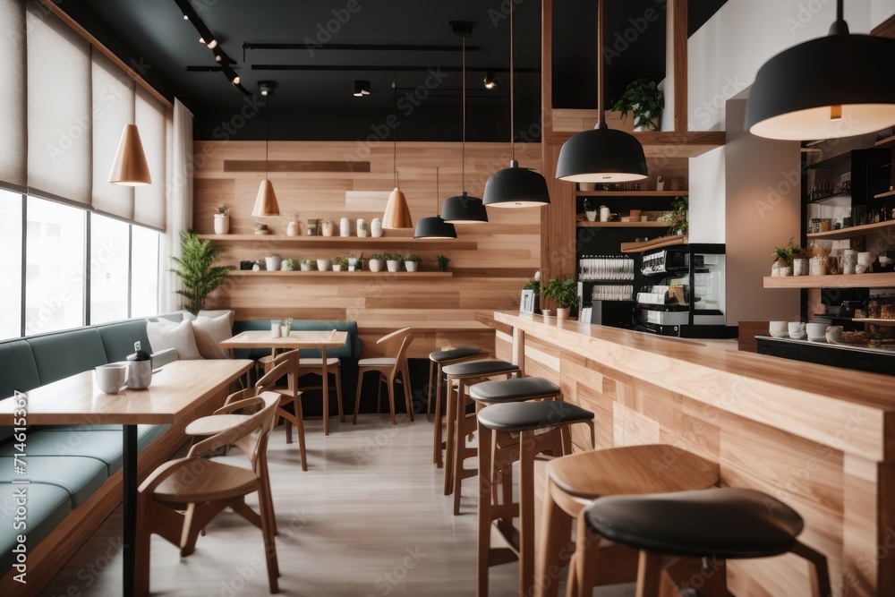 Interior home design of modern coffeehouse with wooden table chairs and coffee shop with wooden decoration
