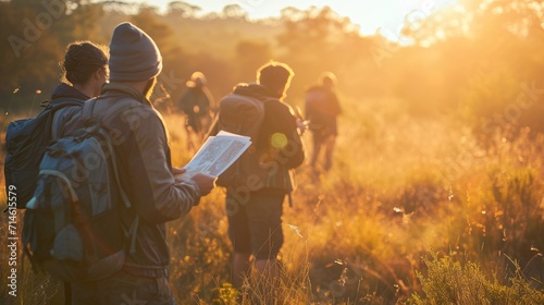 Environmental Impact Analysis: Experts Studying Ecosystem Data in a Nature Reserve at Sunrise