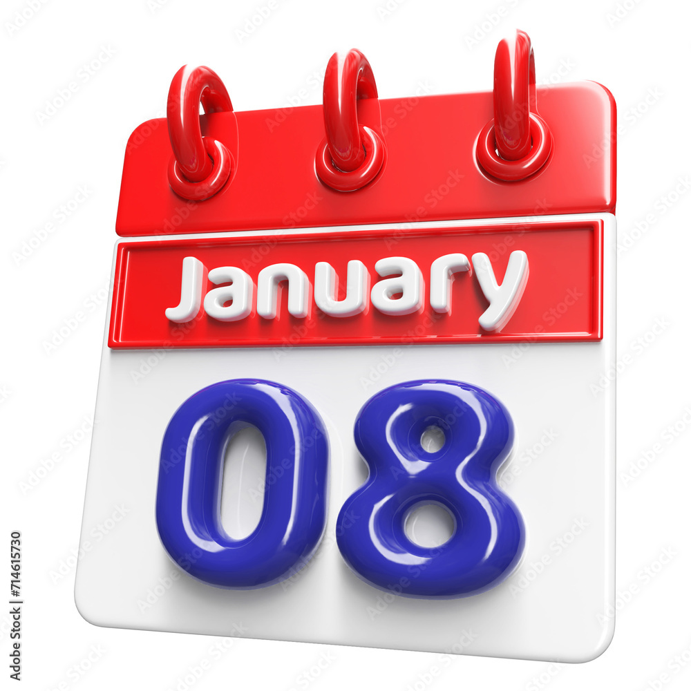 8th January Calendar Icon 3D Render , Calendar Icon 3D Illustration 8th January Calendar Icon 3D Render , Calendar Icon 3D Illustration