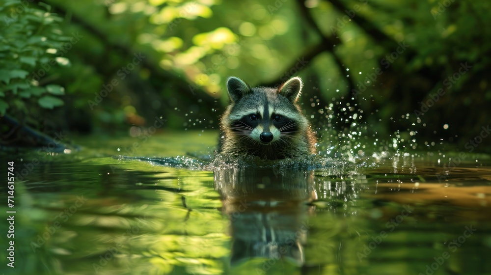Obraz premium a raccoon swimming in a body of water with trees and bushes in the backgrouds of the water and a forest in the backgroud.