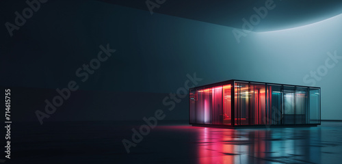 Glass house with neon lights in front of a studio background
