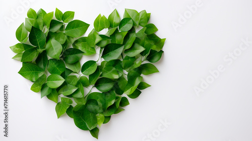 Heart made of green leaves on white background. Copy space for text