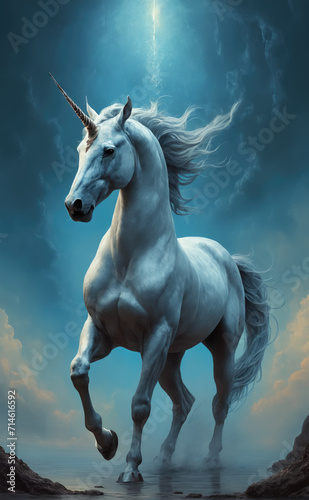 Fantasy Illustration of a wild unicorn Horse. Digital art style wallpaper background in pastel colors.