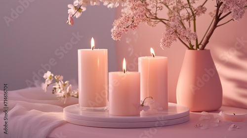 a group of three candles sitting on top of a table next to a vase with flowers in it and a pink vase with white flowers on the side of the table.